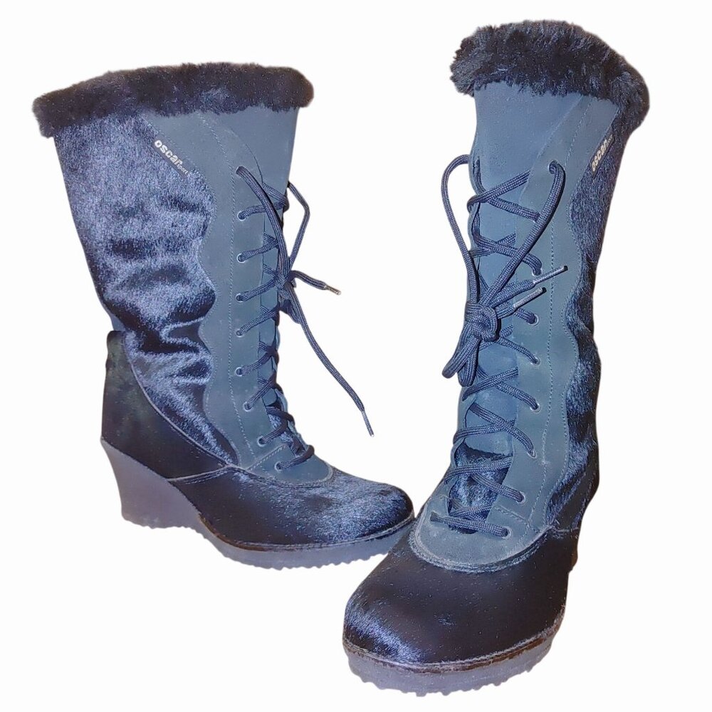 Oscar Sport Boots Black Ponyhair Fur Lace Up Après Ski Size 39 Wool Leather